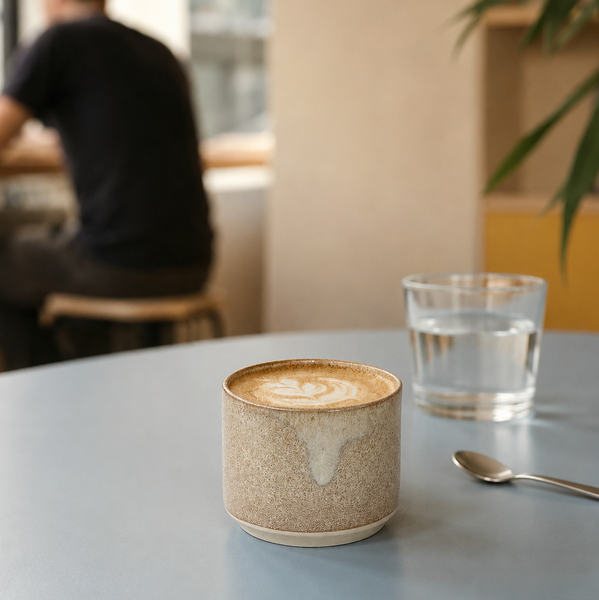 Keramik kopper i håndlavet stentøj med beige glasur.