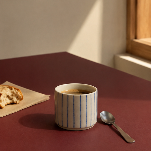 Dansk keramik kop i stentøj, håndlavet med blå streger står på et rødt bord med morgenmad 