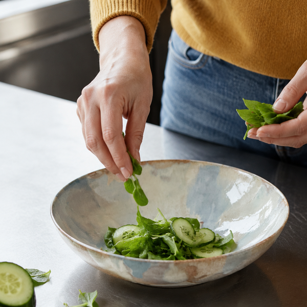 Kvinde serverer salat i håndlavet serveringsskål i stentøj 