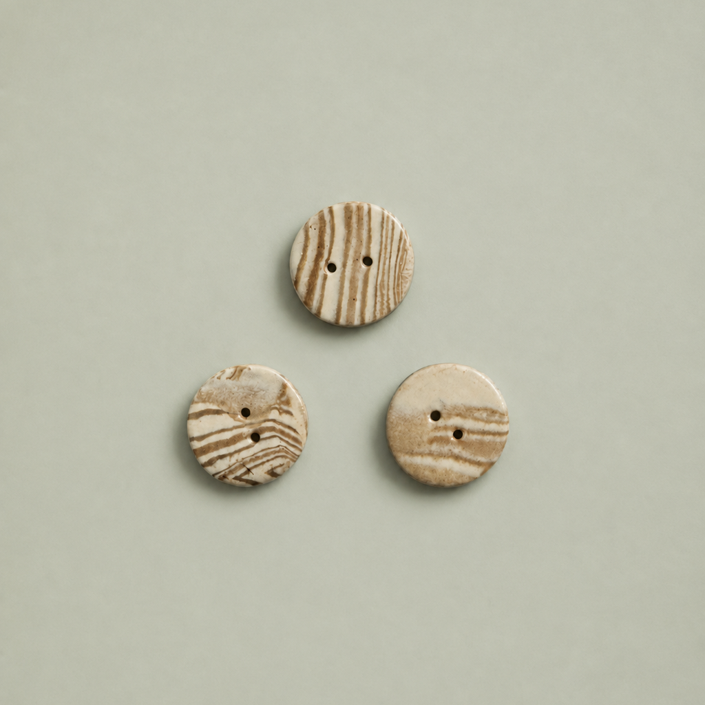 3 Keramik knapper i beige og brun på grøn baggrund