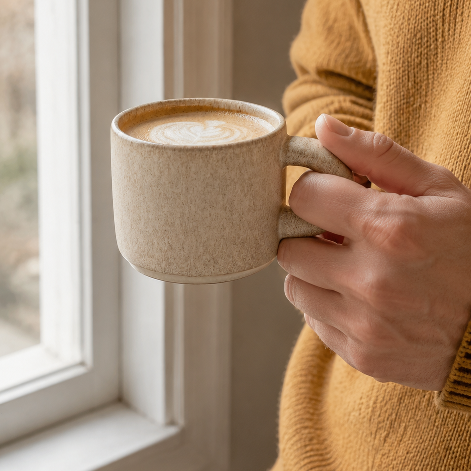 Mand med gul trøje holder en Keramik kaffekop med hank