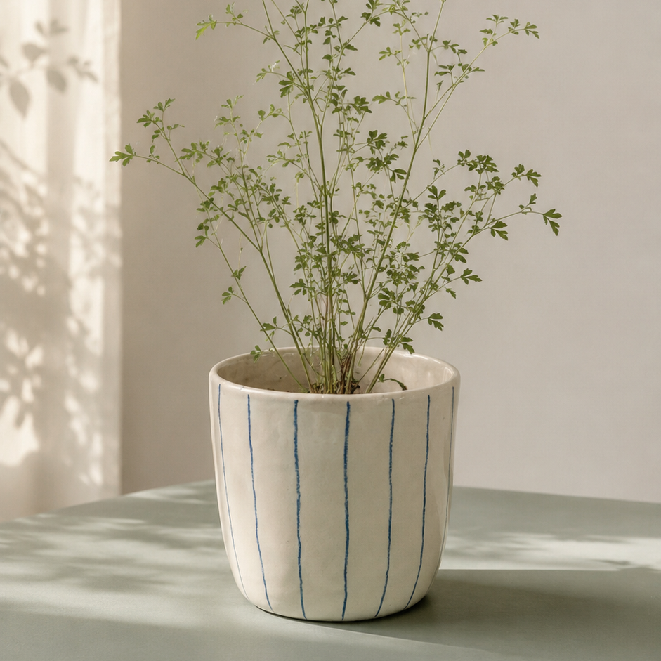 Keramik krukke med striber med fin plante på grønlig bordplade.
