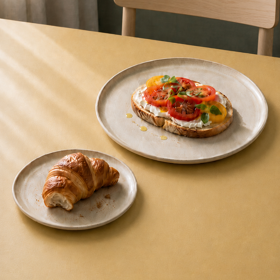 Keramik tallerkener beige stor og lille med tomatmad og croissant 