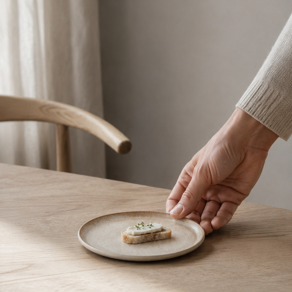 Kvinde serverer snack på lille keramik tallerkener beige.