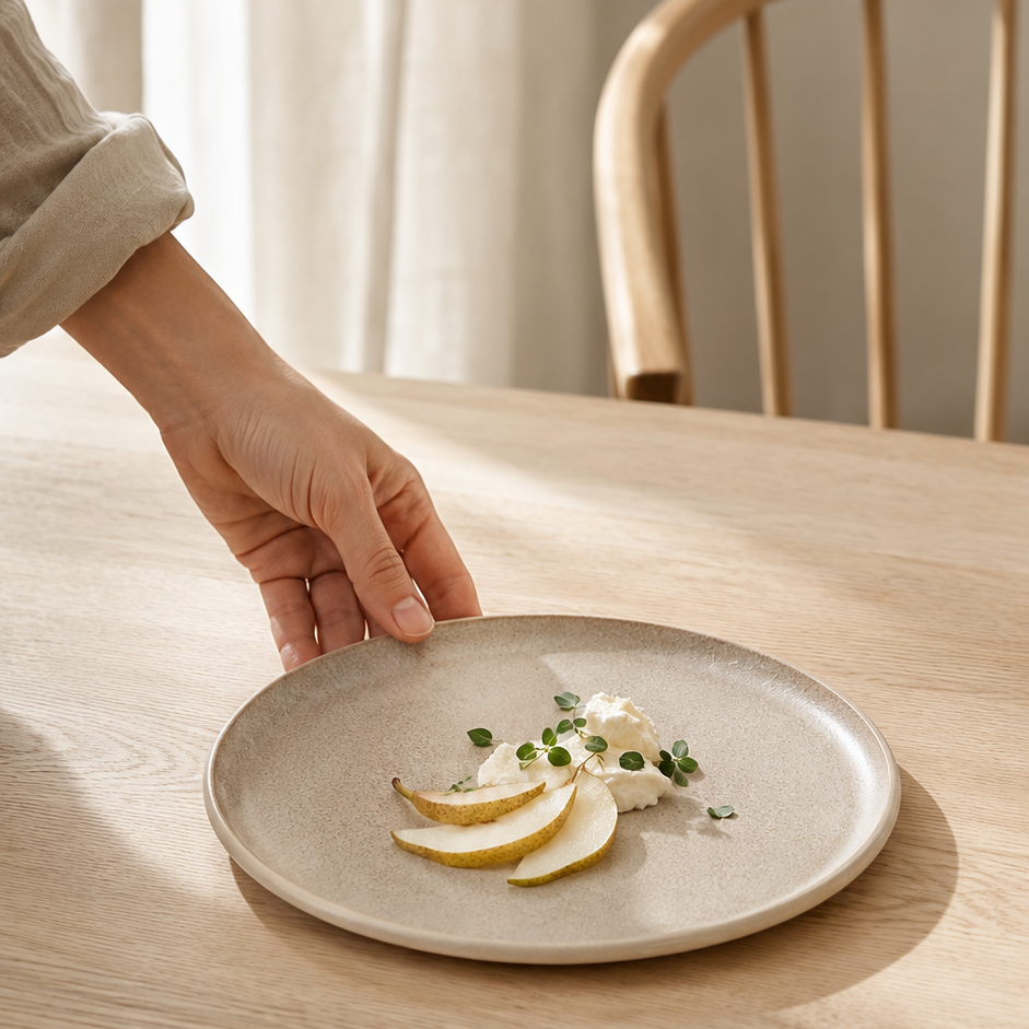 Kvinde serverer mad på stor keramik tallerken beige