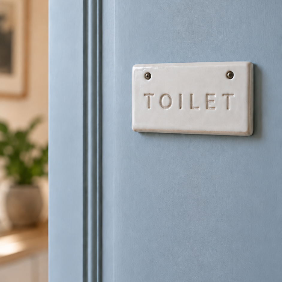 Keramik toiletskilt hænger på en blå dør i et hus
