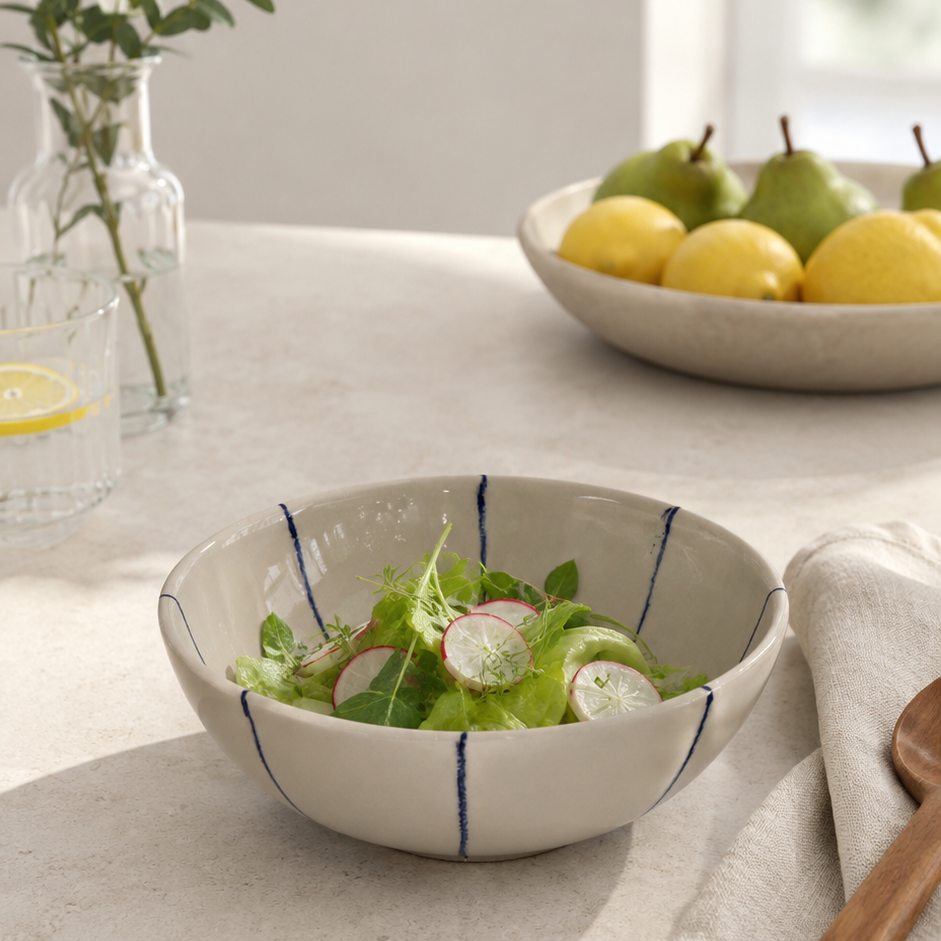 Stribet mellem keramikskål på et bord med salat og frugt