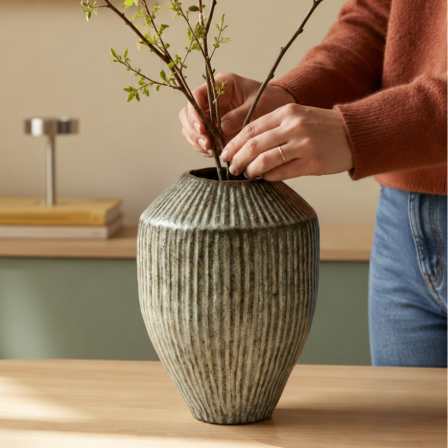 Kvinde sætter grene i en sort unika stentøjs vase med lys glasur i blålige nuancer. 