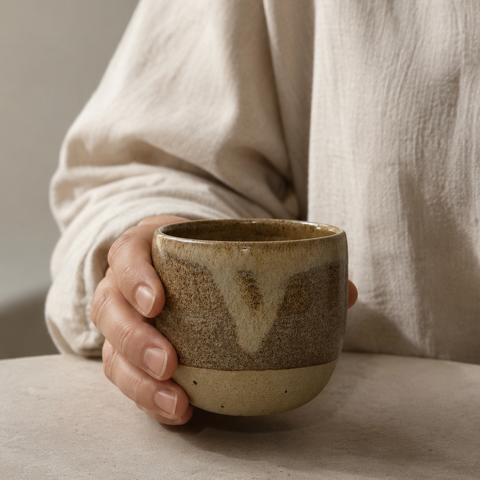 beige keramikkop uden hank holdes i hånden af en kvinde i lyst tøj