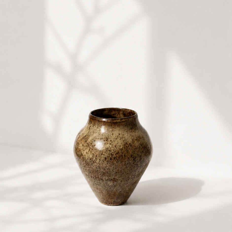 Brun keramikvase med blank glasur i beige nuancer, produktfoto med skygger. 