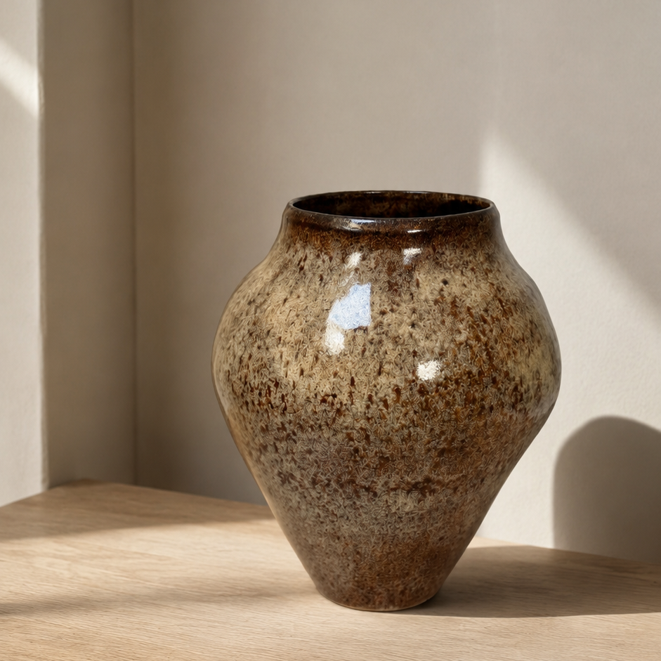 Brun keramikvase med blank glasur står på en træreol med lyse vægge. 