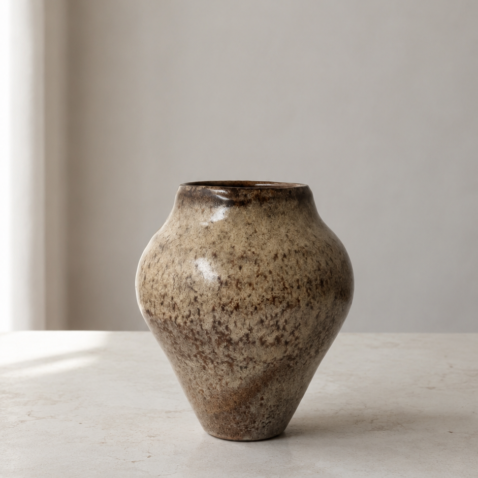 Brun keramikvase med blank glasur i beige nuancer står på et marmorbord og hvid baggrund. 