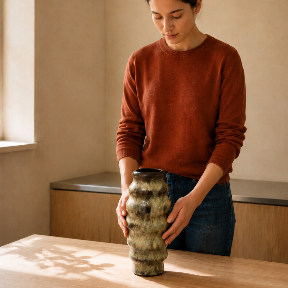 høj keramikvase i sort stentøj og beige nuancer holdes af en kvinde i rød trøje og jeans. 