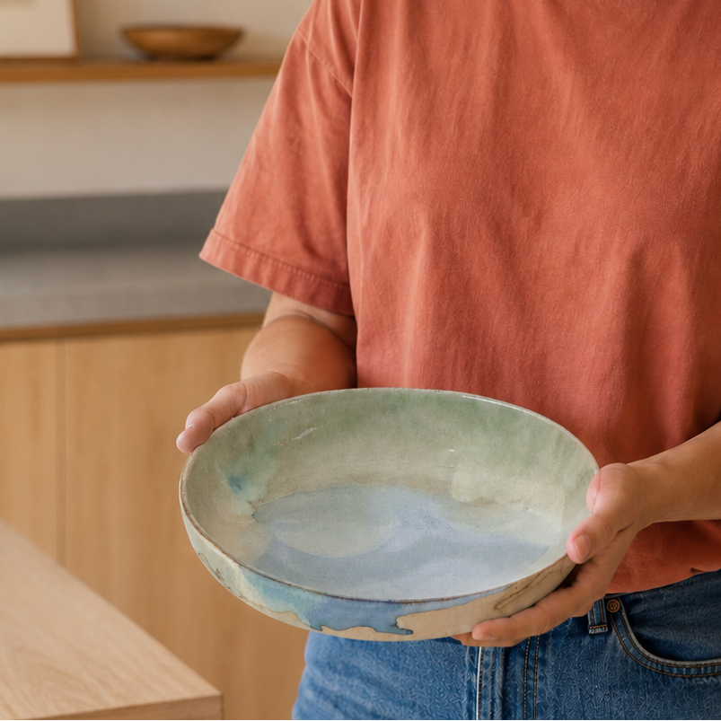 Stor keramik skål til pasta, suppe eller lign. holdes af en kvinde med rød t-shirt