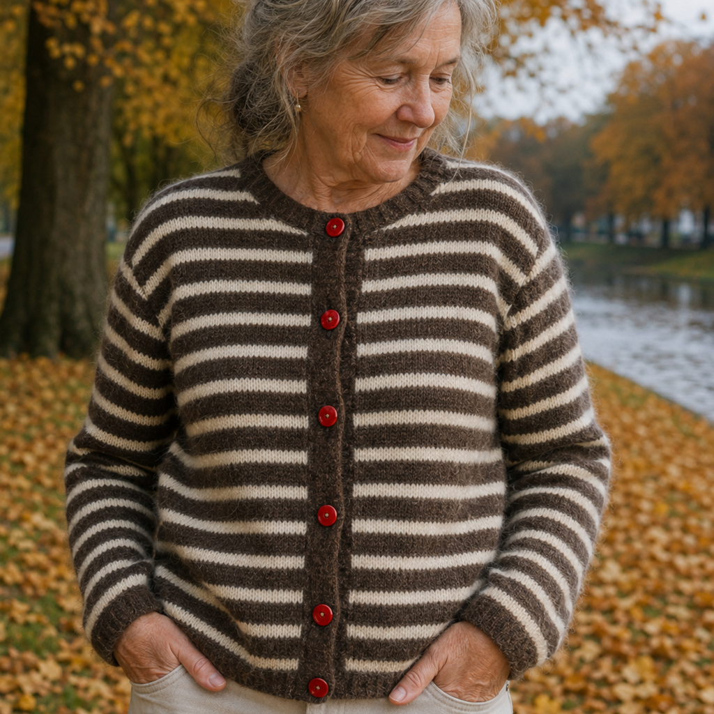 Dame med stribet strikket cardigan med mellem røde knapper. 