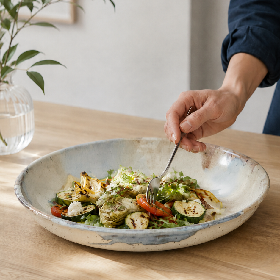 Stort keramikfad i grønlige og blålige farver. på et træbord med en rustik salat, kvinde er ved at tage af salaten. 