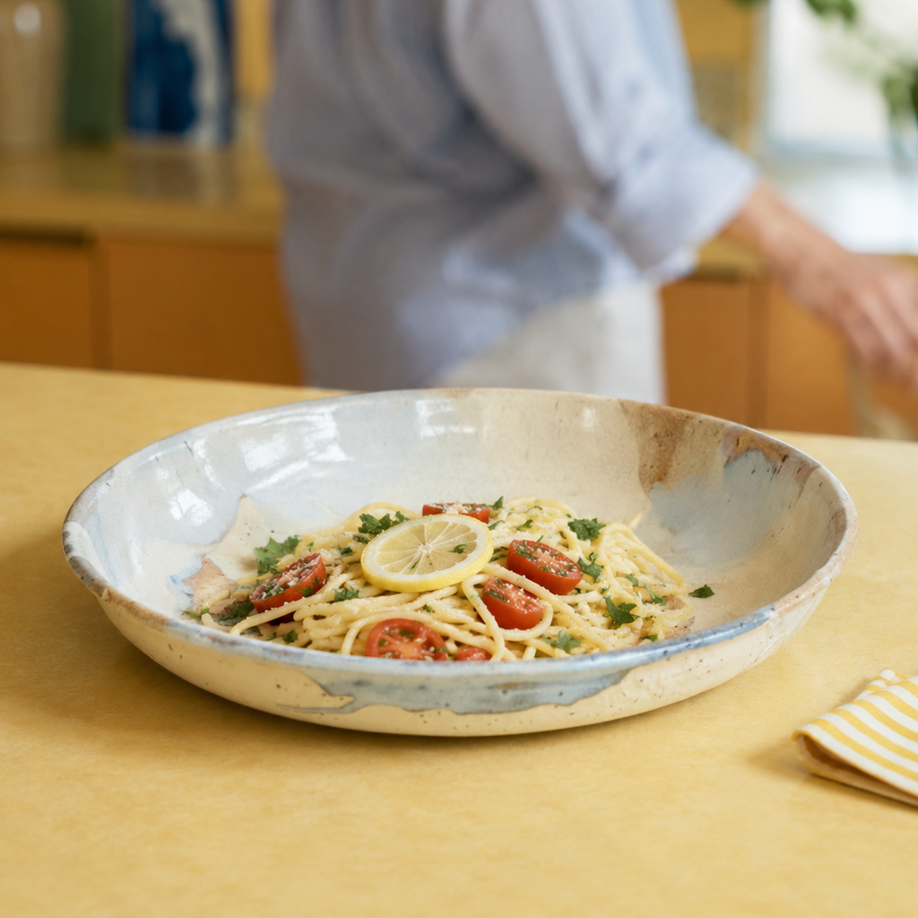 stort keramikfad med pasta, tomat og citron i et gult køkken
